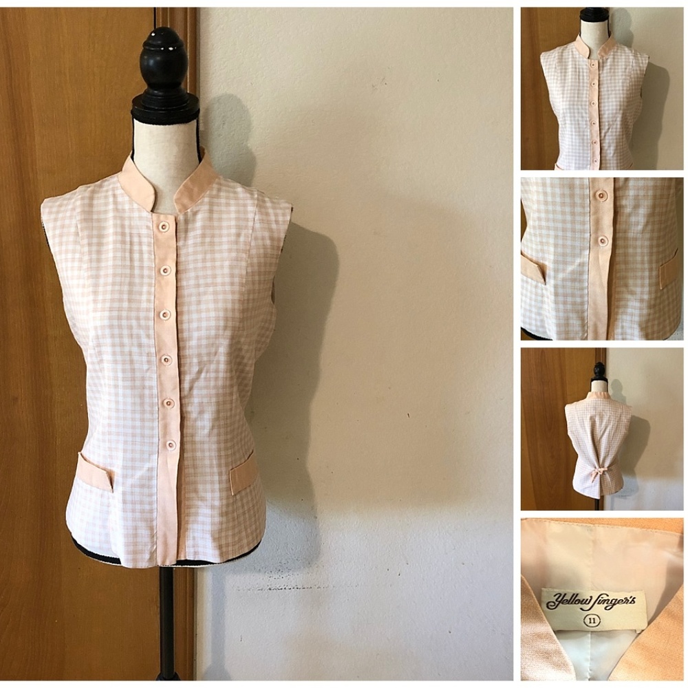 Peach Window Pane Plaid Nehru Collar Sleeveless